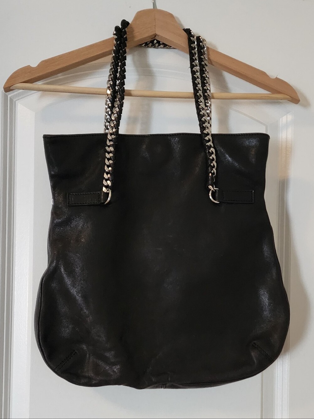 Chic Black Vegan Leather Slouchy Tote Bag with Chunky Silver Chain Handles